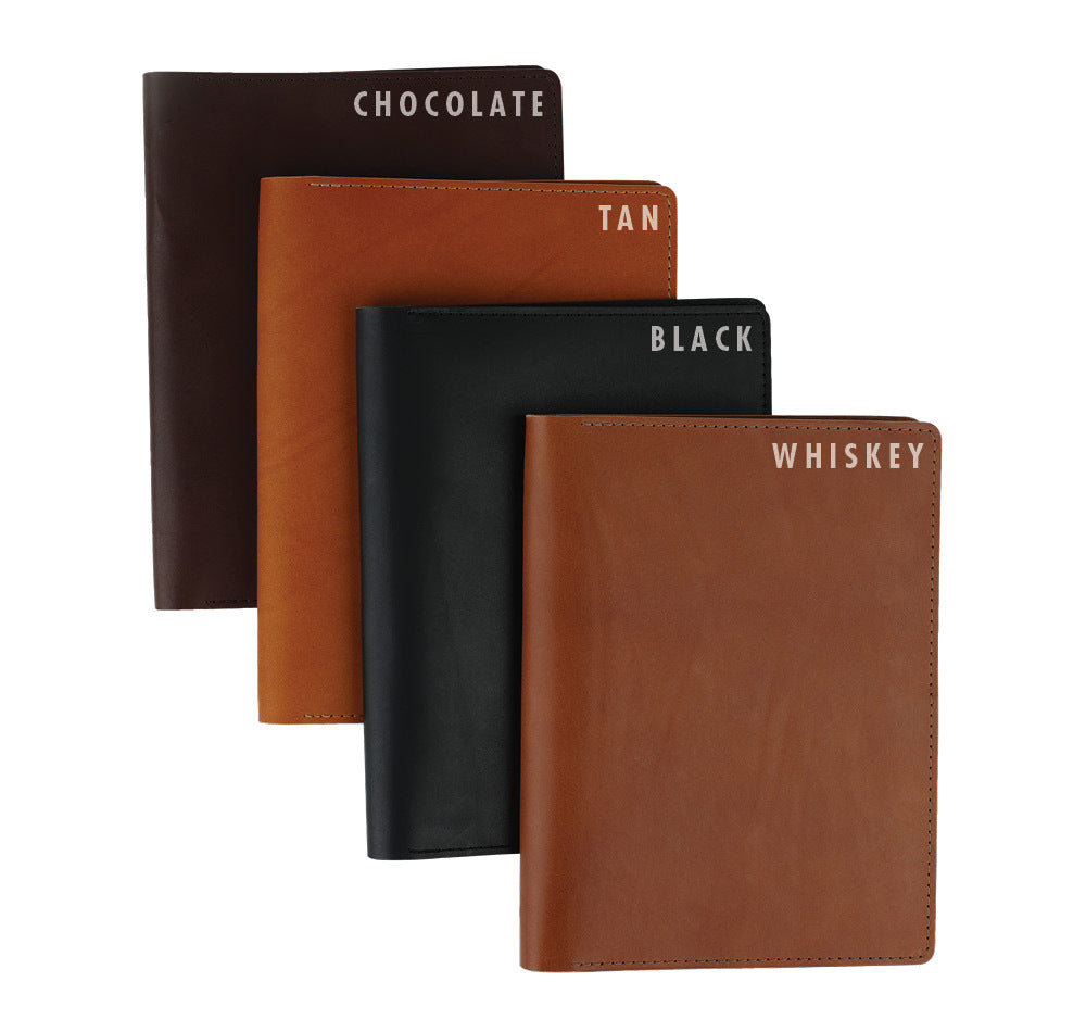 Color Variations of Leather Padfolios including Chocolate, Black, Tan, and Whiskey