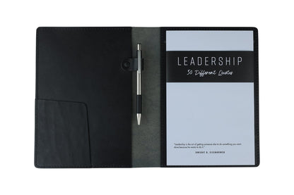 Black leather padfolio holding Leadship Quote Pad gift for boss