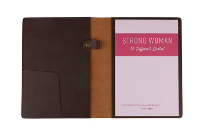 Chocolate Brown Leather Padfolio holding Strong Woman Quote Pad | Gifts for Boss