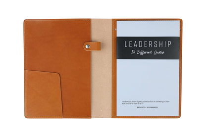 Tan Leather Padfolio holding Leadship Quote Pad